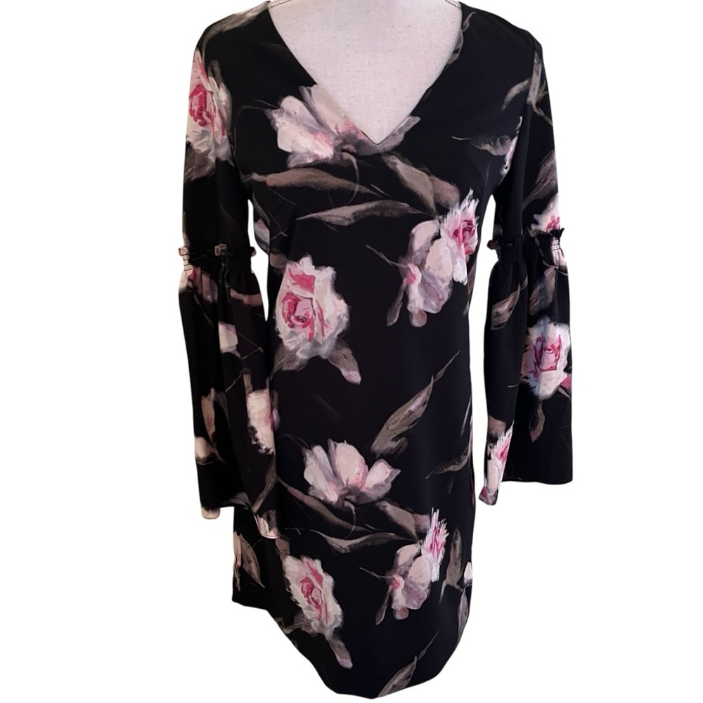 White House Black Market Black with Pink Rose Print Bell Sleeve Sheath Dress 2
